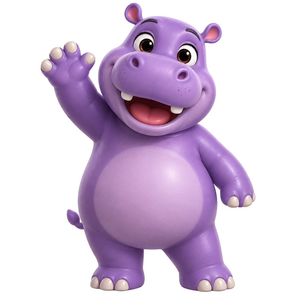 Happy the hippo waving hello